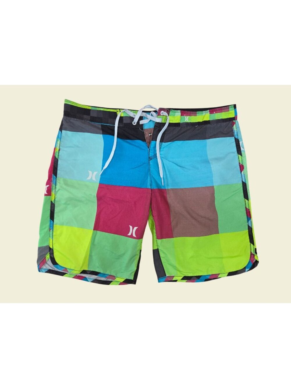 Hurley Mens Multicolor Checkered Swim Board Shorts 32 Adjustable Waist